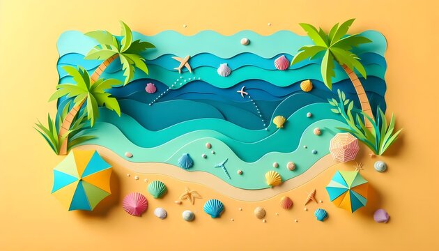 A layered paper-cut scene of a seabeach