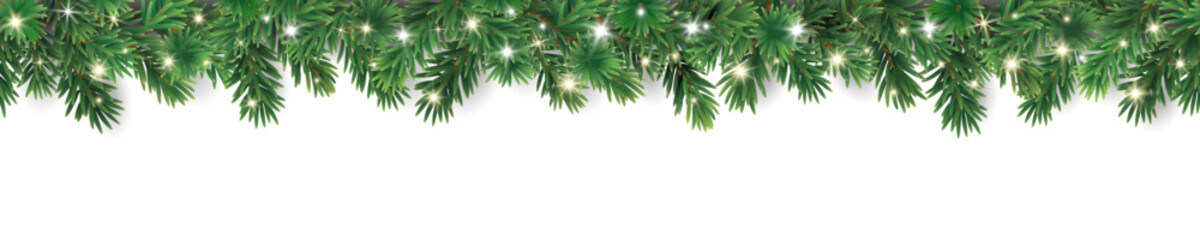 Christmas tree seamless garland on transparent background. Realistic pine-tree branches with glowing sparkling Christmas lights decoration. Vector border for holiday banners, party posters, headers. © Olga Prozorova