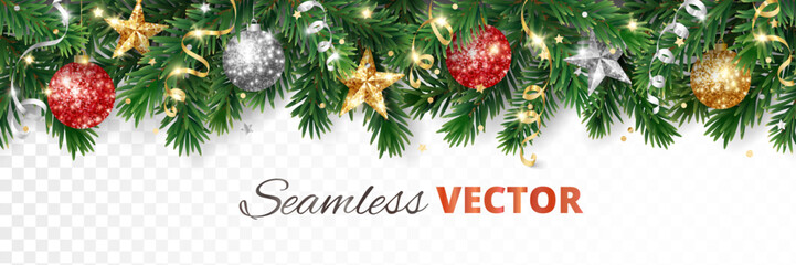 Christmas seamless decoration. Christmas tree border, frame. Gold and red glitter ornaments, stars. For holiday headers, banners, party posters. Transparent background can be removed in vector file.