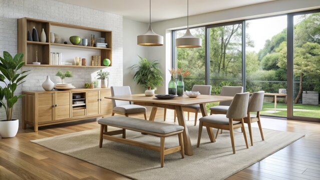 A statement dining table with clean lines and a glass top shines in a manda setting, surrounded by