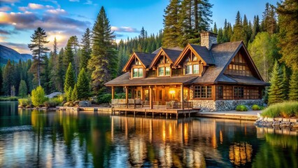 Fototapeta premium As the sun shines brightly, the rustic lakefront lodge undergoes a tranquil renovation, its natural splendor augmented