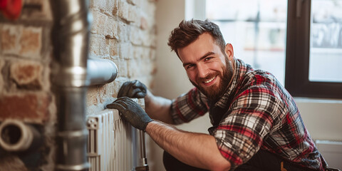 smiling male plumber working with a radiator with a wrench, demonstrating his experience in repairing heating systems