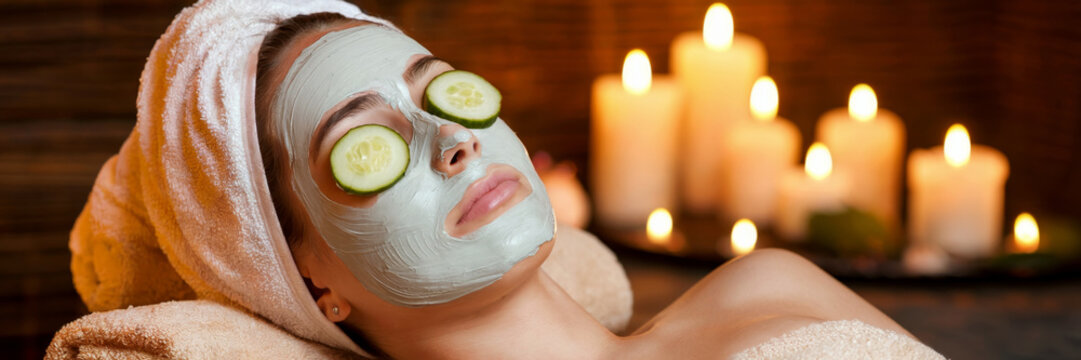 Relaxed woman with face mask and cucumber eyes, spa and wellness concept, tranquil atmosphere for beauty and relaxation, candlelit ambiance, ideal for spa promotions, banner with copy space
