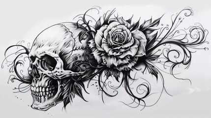 black and white illustration of skull combine with rose tribal tattoo design