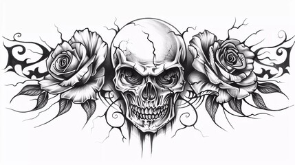 black and white illustration of skull combine with rose tribal tattoo design