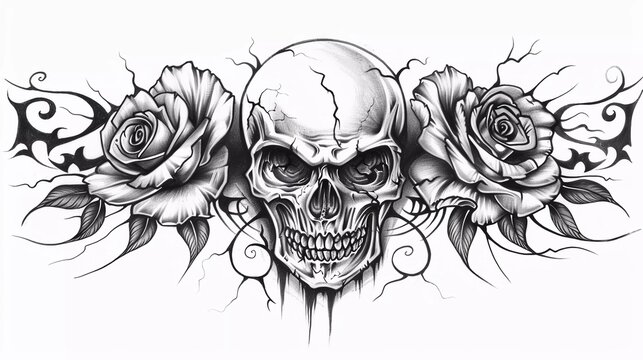 black and white illustration of skull combine with rose tribal tattoo design