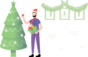 Boy holding ornaments to decorate tree.