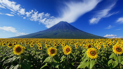 Fototapeta premium 花咲くひまわり畑と火山の遠景