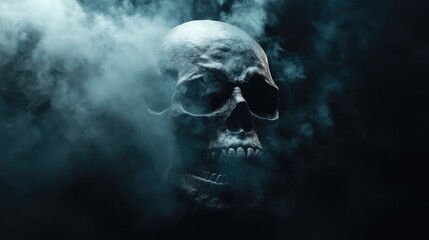 Skull bones partially obscured by ghostly fog against a black background, emphasizing a spooky, atmospheric effect.
