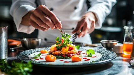 Chef preparing a gourmet dish, plating a delicate salad with greens, tomatoes, and sauce.