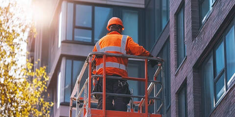 A construction worker in a bright orange suit operates an elevator in an urban setting. Building maintenance concept, urban construction and safety protocols
