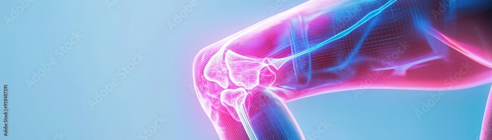 Wall mural Close-up of a human knee joint showcasing vibrant, glowing anatomical details in a medical illustration style.