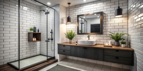 A stylish bathroom transformation combines crisp white subway tile, a sophisticated black floating vanity, and vibrant