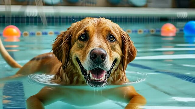 Training a Golden Retriever to swim at a local pool on a sunny afternoon