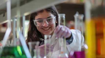 Happy student in a science lab, conducting an experiment