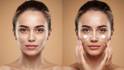 Woman's face with digital facial mapping on warm beige background. Modern beauty and skincare concept. Technology in dermatology. For cosmetic and skincare advertising.