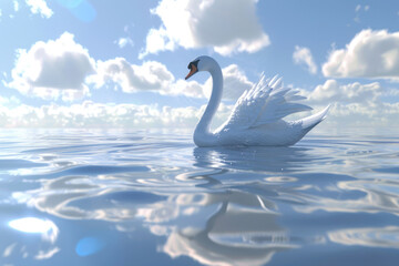 Fototapeta premium A white swan gracefully swims across a tranquil lake, reflecting the beautiful sky filled with soft clouds in the background