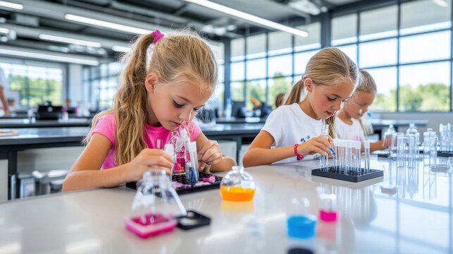 Young Girls Conduct Science Experiment in Classroom