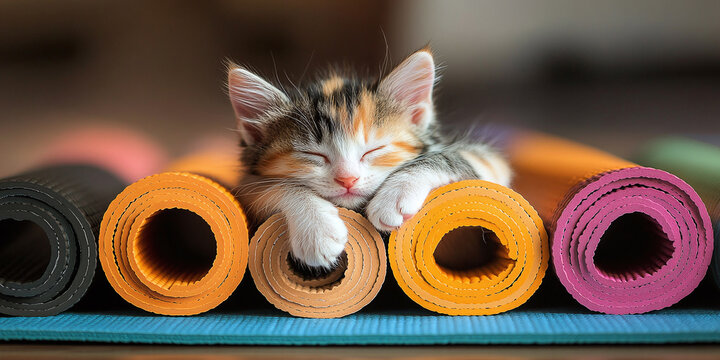 cute kitten resting on yoga mats