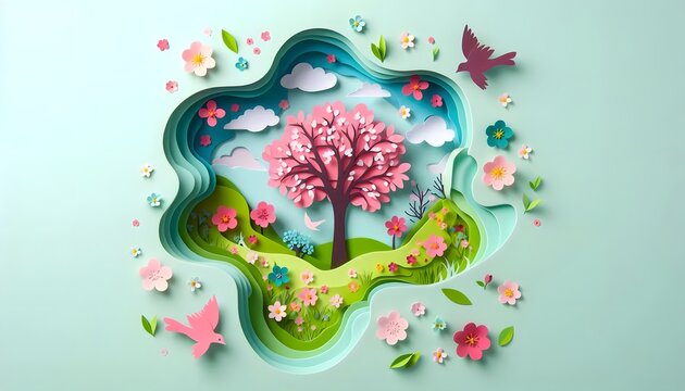 Paper cut and Craft Scene of Scenic Cherry blossoms landscape