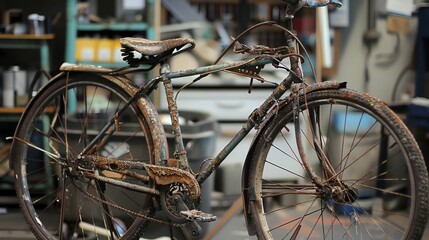 Obraz premium A rusty bicycle sitting in a workshop.
