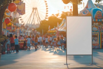 Empty billboard in an amusement park as families enjoy the sunset
