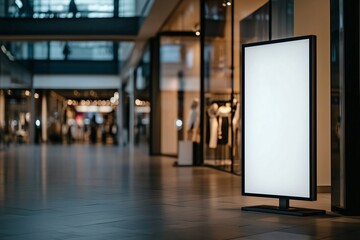 Empty vertical advertising billboard in a bustling mall corridor with shoppers and stores in the background