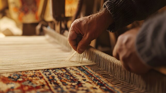 Close-up of hands weaving a traditional carpet on a loom, highlighting detailed craftsmanship and intricate patterns.