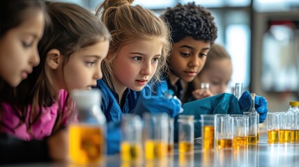 Diverse Children Conduct Experiment in Science Lab with Beaker and Lab Coat