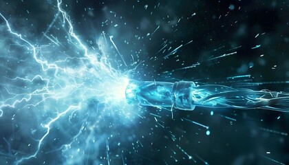 Dynamic electric energy burst with glowing blue lightning in a dark, chaotic, and exciting atmosphere, representing power and technology.