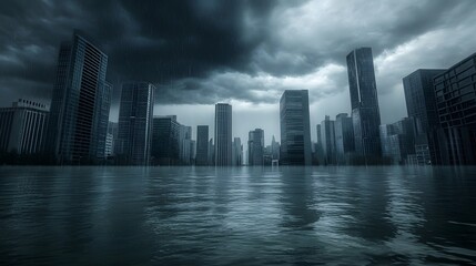 Obraz premium Eerie flooded cityscape under dark, stormy skies. High-rise buildings submerged in water, creating a post-apocalyptic atmosphere.