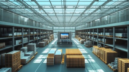 Obraz premium A modern warehouse showcasing organized shelves, stacked pallets, and bright natural light through a glass ceiling.