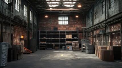Spacious warehouse interior featuring industrial decor, shelves, and various storage units under natural lighting.