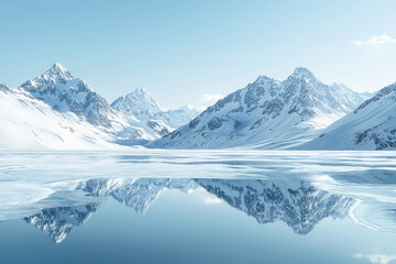 A Serene Reflection: Snow-Capped Mountains Mirrored in a Frozen Lake