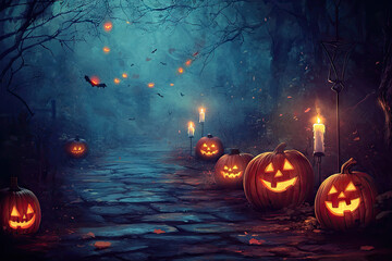 A Glowing Path Through The Haunted Woods - Jack-o'-lanterns Illuminate The Mysterious Forest Trail On A Spooky Halloween Night