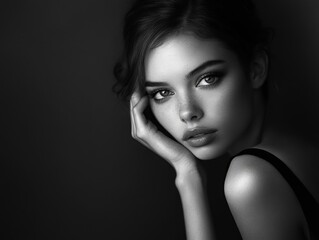 Fototapeta premium Soulful Gaze in Monochrome: A young woman's captivating portrait, her gaze piercing in stark black and white, evokes a sense of depth and introspection. 