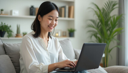 ノートパソコンを使うビジネス女性が自宅オフィスでリモートワーク中