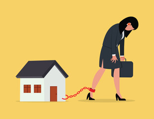 Life traps and Money problem. Businesswoman with their legs chained to their houses