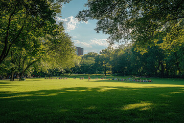 A Tranquil Summer Day: Families Relax in a Lush Green Park, Enjoying the Warm Sun and Tranquil Atmosphere.