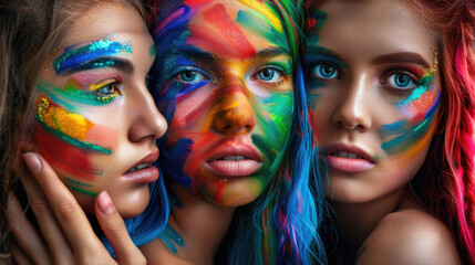 Obraz premium Three young women showcase their artistic face paint designs, embodying creativity and beauty during a lively outdoor gathering