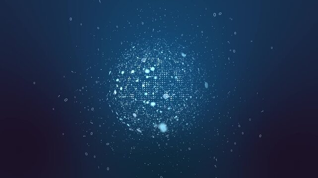 A view of the network with glowing 
white spheres, flowing code and particles which represents data. Technology animation in the blue gradient background.