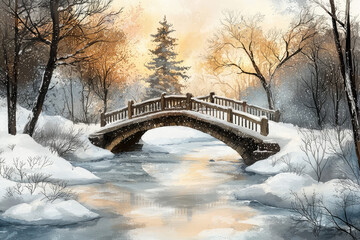 A Stone Bridge Arched Over a Frozen River, Snow-Covered Trees Stand Tall in the Background, a Serene Winter Wonderland.