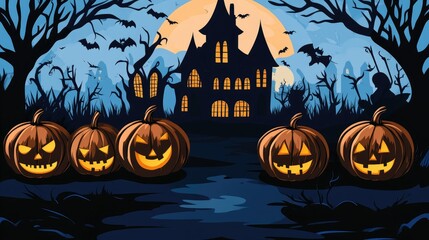 Halloween background with pumpkins and haunted house