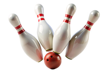 Four bowling pins surround a red bowling ball, seemingly in motion, capturing a snapshot of an ongoing bowling strike, isolated on a transparent background