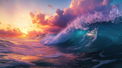 Fototapeta premium Stunning view of colorful giant ocean waves crashing under a vibrant sunset sky. Nature's beauty captured in motion.