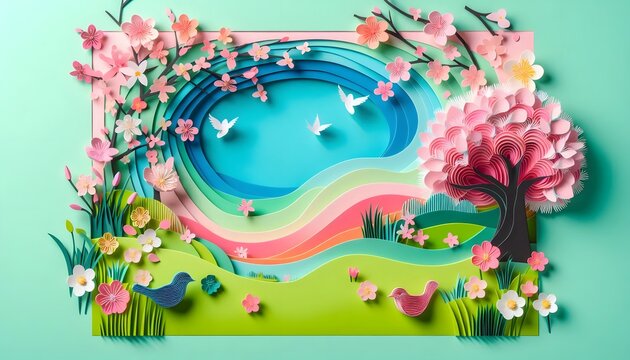 A layered paper-cut scene of a seabeach