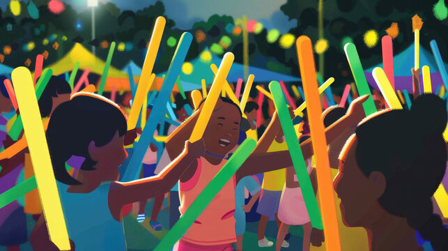 A joyful gathering of children at a festival, waving glowing sticks under colorful lights, creating a lively nighttime atmosphere
