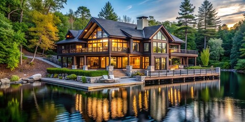 Obraz premium A tranquil lakefront setting is home to this house, undergoing a comprehensive makeover to refresh its interior and