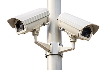 Two white, cylindrical CCTV cameras mounted on a metal pole, isolated on a transparent background. They face in opposite directions, positioned for wide-area surveillance coverage