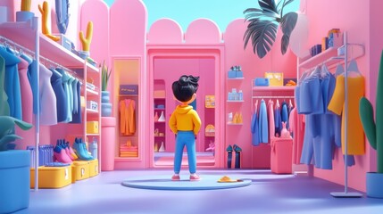 A vibrant, colorful clothing store scene featuring a young person exploring stylish outfits in a playful atmosphere.